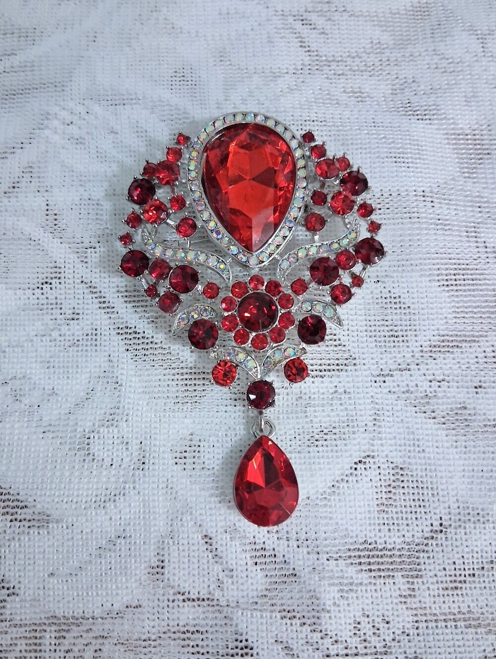 Crimson Teardrop Brooch Aurora Crystals Red Drops Silver Tone Pin